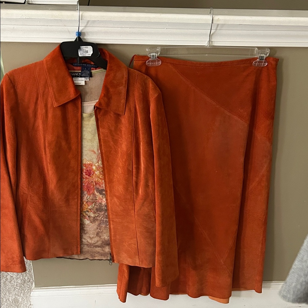 Orange Suede Jacket and Skirt Set